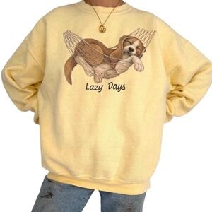 Vintage Sweater 90s Lee Brand Yellow Puppy Lazy Days Cottagecore Cozy